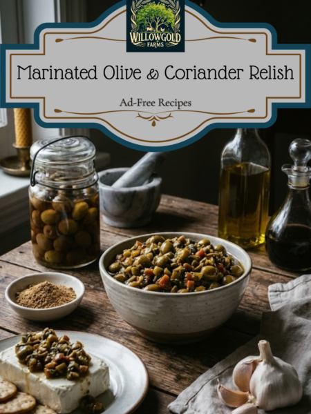 A vintage glass jar filled with chopped marinated olives and coriander sitting on a dark wooden table. A block of cream cheese topped with the olive mixture and crackers rest nearby in a moody, dark cottagecore kitchen.