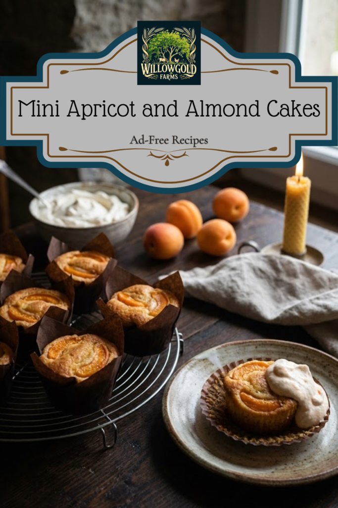 A vintage wire cooling rack holding golden-brown Mini Apricot Cakes, each topped with baked fruit slices. A bowl of pale orange apricot whipped cream sits nearby on a dark rustic wooden table.