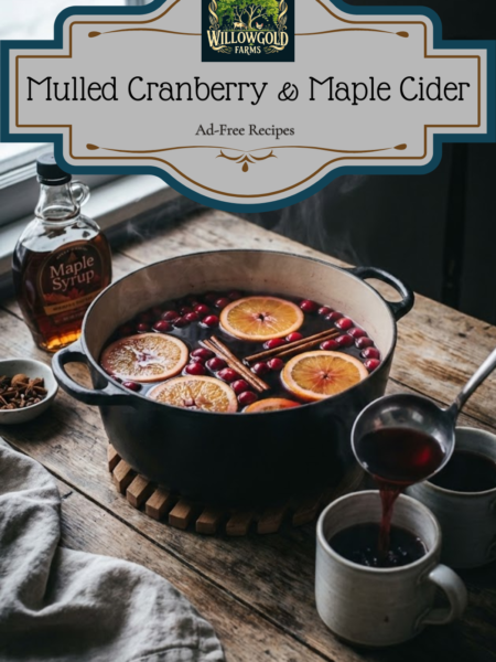 A black Dutch oven filled with hot cranberry cider and orange slices steaming on a wooden table next to a bottle of maple syrup and two ceramic mugs being filled with a ladle near a frosty window.
