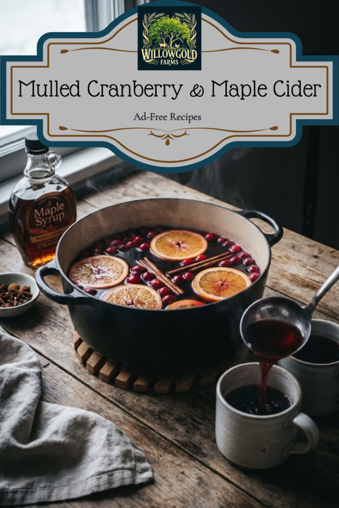 A black Dutch oven filled with hot cranberry cider and orange slices steaming on a wooden table next to a bottle of maple syrup and two ceramic mugs being filled with a ladle near a frosty window.