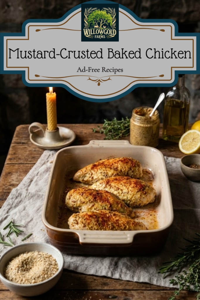 Golden brown breaded chicken breasts baked in a vintage ceramic dish with lemon slices and fresh herbs on a dark wooden table in a cottagecore kitchen.