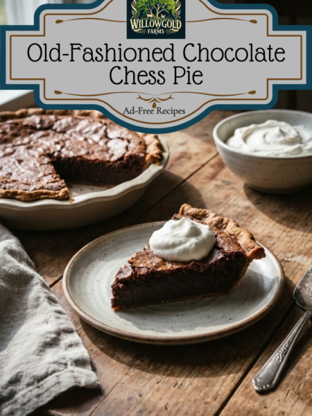 A slice of dark chocolate chess pie with a crackly crust and dense filling, topped with a dollop of whipped cream, sitting on a wooden table next to the remaining pie near a window.