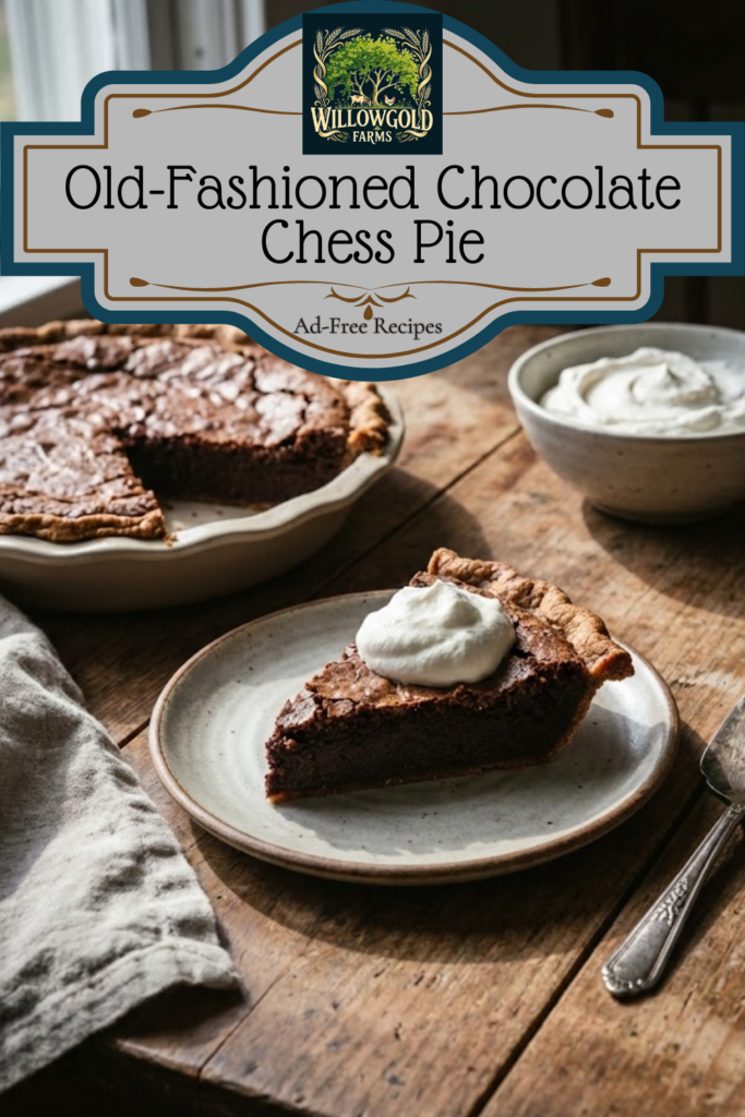A slice of dark chocolate chess pie with a crackly crust and dense filling, topped with a dollop of whipped cream, sitting on a wooden table next to the remaining pie near a window.
