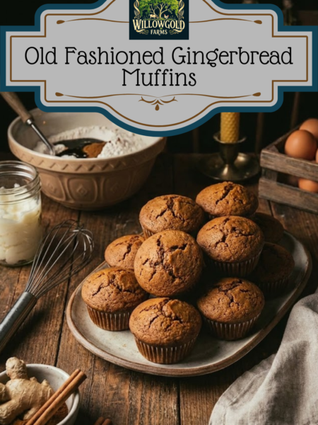 A ceramic platter stacked high with dark brown gingerbread muffins on a rustic wooden table next to a crate of eggs, a whisk, a bowl of flour and molasses, and a lit beeswax candle.
