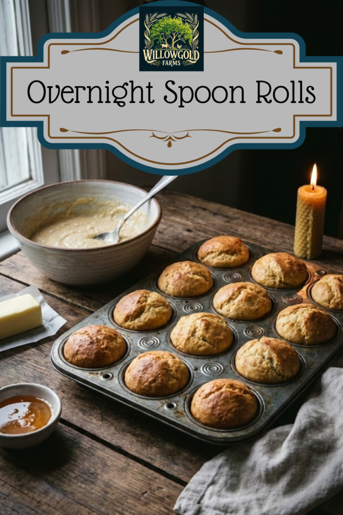 Golden brown yeast rolls baked in a vintage metal muffin tin, sitting on a dark wooden table with a bowl of batter and a wooden spoon nearby.