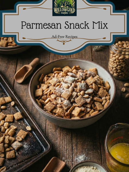 A ceramic bowl filled with sweet and savory snack mix featuring cereal and peanuts, sitting on a dark wooden table next to a jar of peanuts and a block of parmesan cheese.