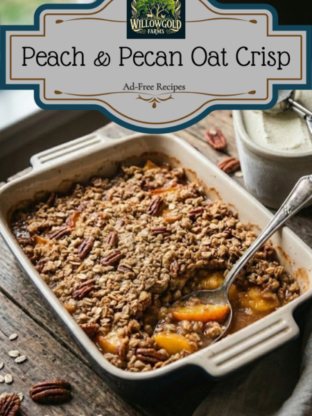 A rectangular ceramic baking dish filled with warm peach crisp topped with oats and pecans, sitting on a dark wooden table next to a vintage container of homemade vanilla ice cream near a window.