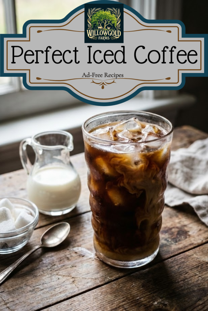 A tall glass filled with ice cubes and dark iced coffee, with condensation on the glass, sitting on a dark wooden table next to a coffee pot and a small pitcher of cream.