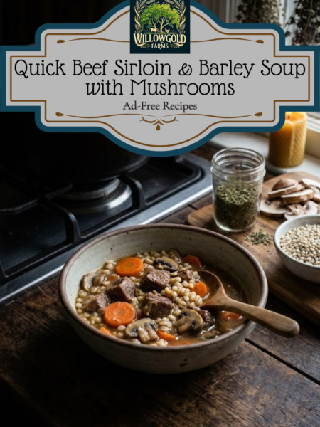 A dark ceramic bowl filled with beef and barley soup, featuring sliced carrots and mushrooms. Raw mushrooms and a wooden spoon sit on a dark wooden table in a moody kitchen setting.