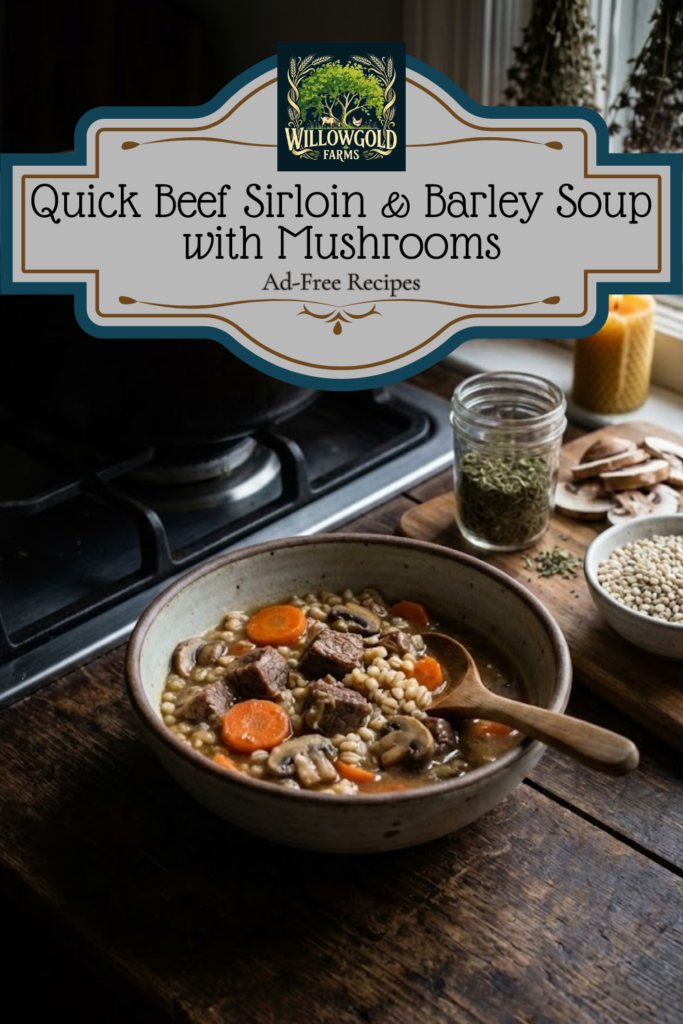 A dark ceramic bowl filled with beef and barley soup, featuring sliced carrots and mushrooms. Raw mushrooms and a wooden spoon sit on a dark wooden table in a moody kitchen setting.