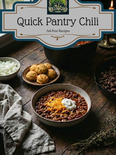 A ceramic bowl filled with hot chili topped with shredded cheese and sour cream, sitting on a wooden table next to a plate of golden cornmeal drops and a cast iron pot.