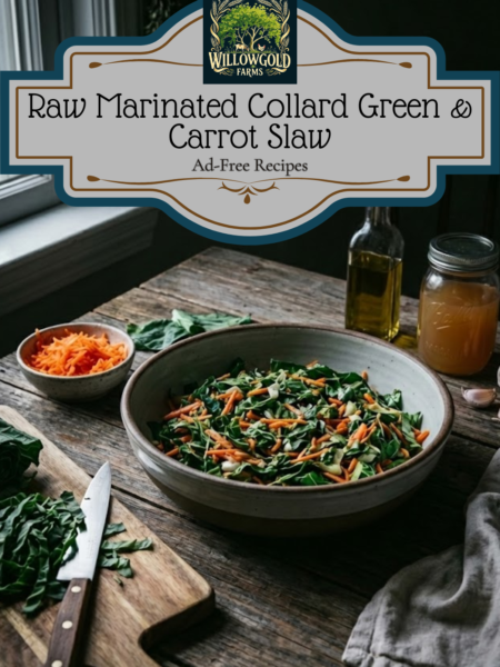 A large bowl filled with shredded raw collard greens and carrots marinated in vinegar. A bottle of olive oil and a knife sit on a dark wooden table in a moody kitchen.