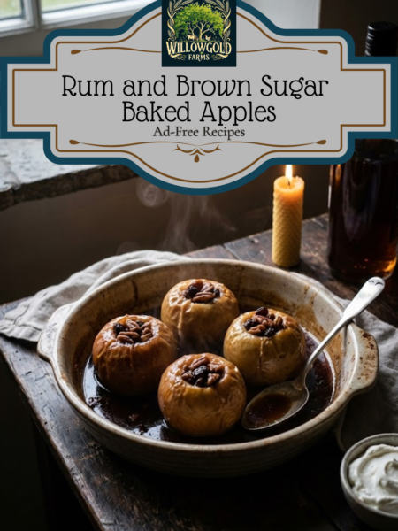 Four baked apples sitting in a square ceramic dish, stuffed with pecans and raisins, glistening with a dark rum and butter glaze. A dollop of whipped cream is melting on top, set against a dark, moody background.