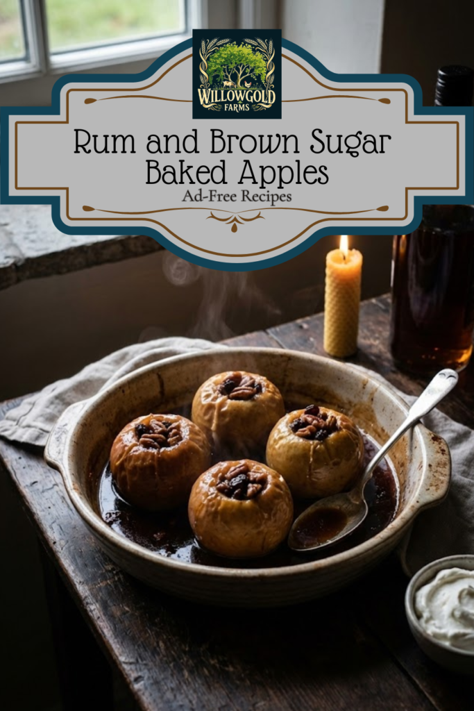 Four baked apples sitting in a square ceramic dish, stuffed with pecans and raisins, glistening with a dark rum and butter glaze. A dollop of whipped cream is melting on top, set against a dark, moody background.