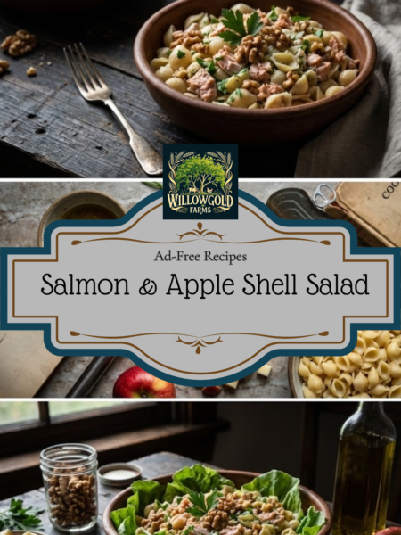 Ceramic bowl filled with shell pasta salad featuring flaked salmon, diced red apples, and walnuts, set on a dark wooden table with vintage kitchen tools and fresh greenery.