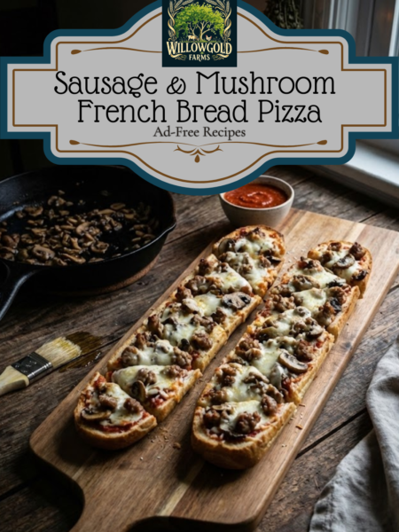 Two halves of a hearty French bread pizza, sliced thick on a wooden cutting board, topped with browned Italian sausage crumbles, sautéed mushrooms, and melted mozzarella cheese. A cast iron skillet with leftover mushrooms and a lit candle sit in the dark cottagecore background.