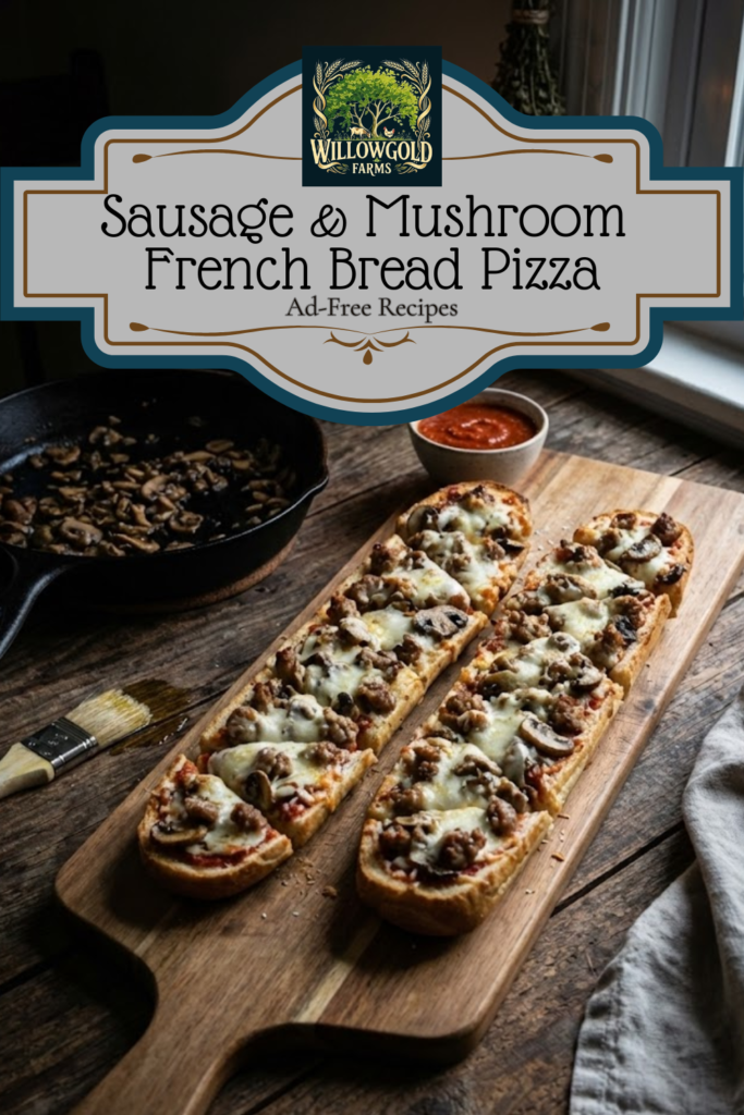 Two halves of a hearty French bread pizza, sliced thick on a wooden cutting board, topped with browned Italian sausage crumbles, sautéed mushrooms, and melted mozzarella cheese. A cast iron skillet with leftover mushrooms and a lit candle sit in the dark cottagecore background.