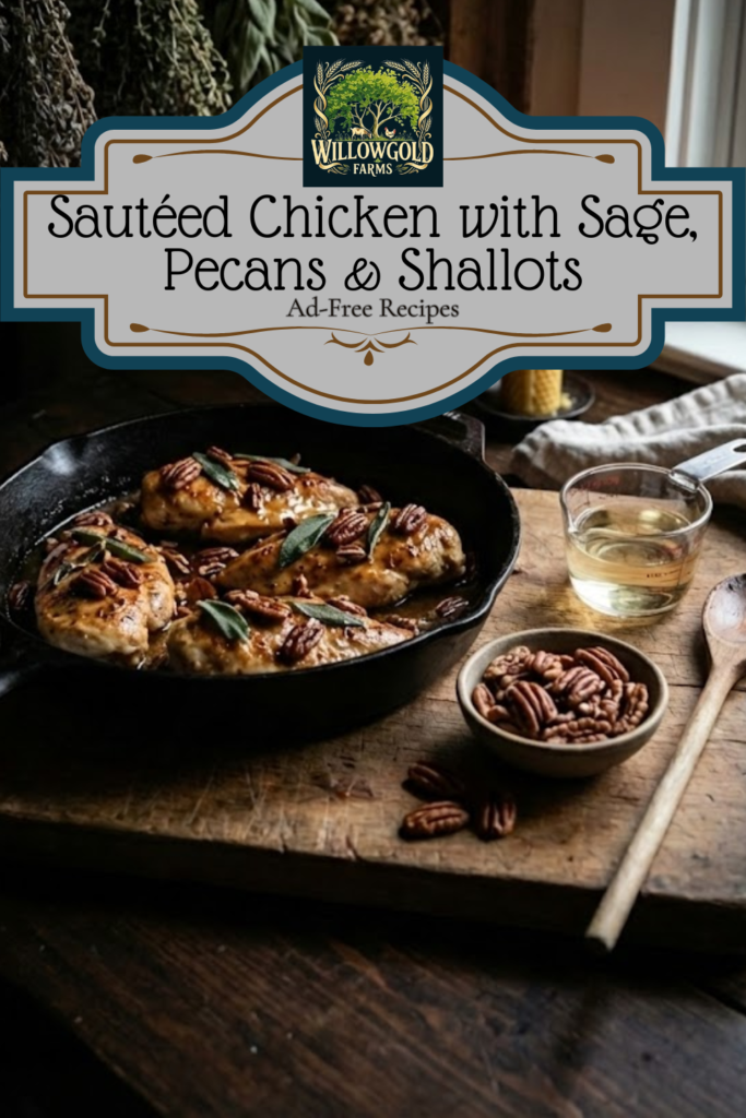 A close-up view of golden sautéed chicken breasts served on a rustic wooden board, topped generously with a glossy sauce of toasted pecans, minced shallots, and sage. A vintage knife and scattered raw pecans surround the dish in a dark, moody kitchen setting.