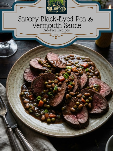 Slices of rare roasted venison on a rustic ceramic plate, generously topped with a dark, rich sauce containing black-eyed peas and carrots. A glass of red wine, antique cutlery, and a lit beeswax candle sit on the dark wooden table.