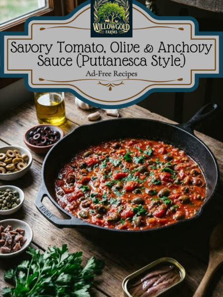 A rich, deep red tomato sauce simmering in a dark iron skillet, studded with sliced black olives and capers. Jars of anchovies, fresh parsley, and a wooden spoon rest on the dark wood table nearby.