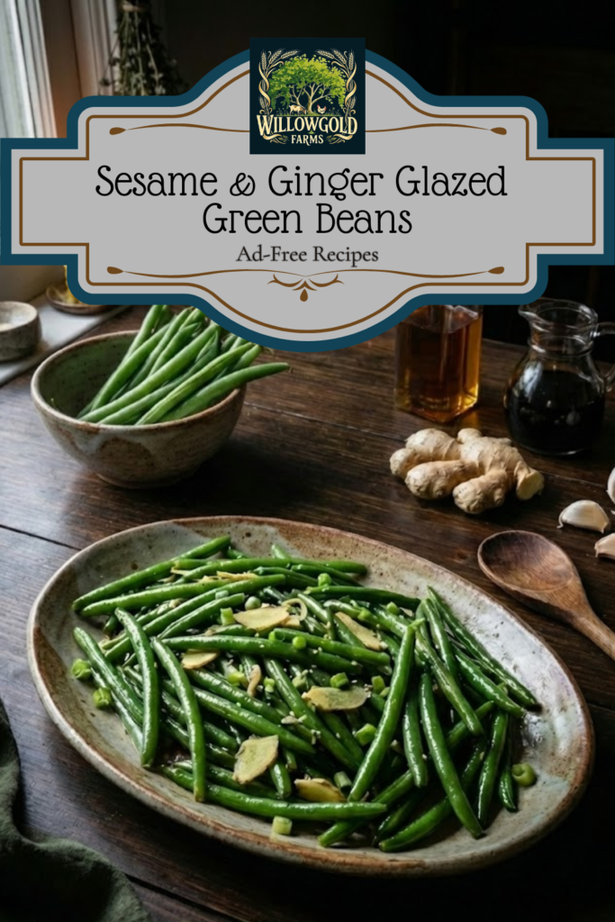 A dark ceramic bowl filled with glossy, cooked green beans tossed with ginger slices. A separate bowl of raw green beans and a small bottle of sesame oil sit nearby on a dark wooden table in a moody kitchen.