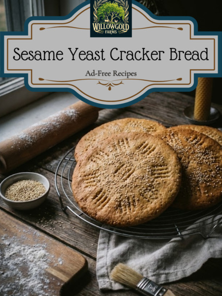 A stack of large, round, golden-brown cracker breads topped with sesame seeds on a dark wooden table. A wooden rolling pin, loose flour, and a bowl of sesame seeds rest nearby in a rustic kitchen.