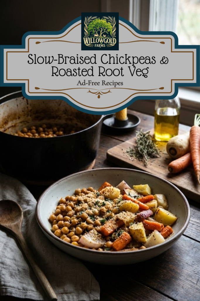 A rustic ceramic bowl filled with braised chickpeas and roasted root vegetables like carrots and potatoes, topped with herb breadcrumbs. A cast iron Dutch oven, raw vegetables on a cutting board, and a lit beeswax candle sit on a dark wooden table by a window in a cottage kitchen.