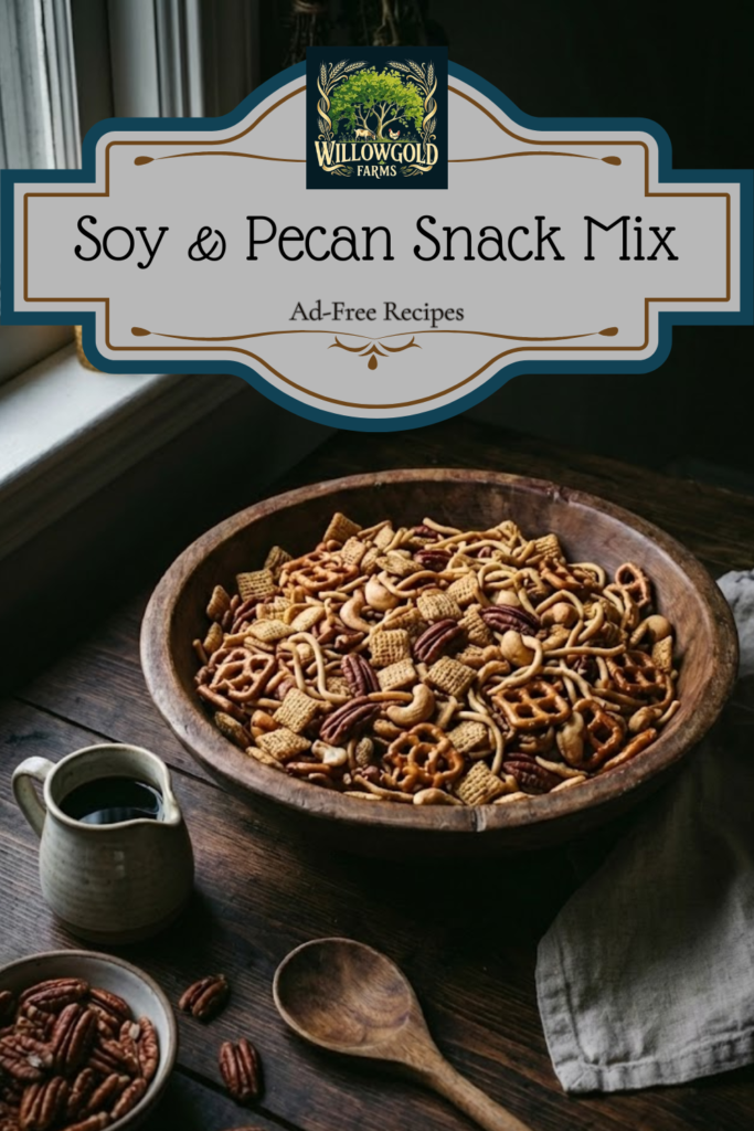 A vintage glass jar filled with savory snack mix containing pretzels, pecans, and cereal squares on a dark wooden table. A wooden spoon and loose chow mein noodles rest nearby in a moody, dimly lit kitchen.