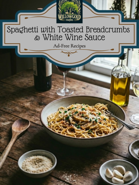 A centered ceramic bowl filled with spaghetti tossed in fresh parsley and topped with golden toasted breadcrumbs, sitting on a dark wooden table with a wine bottle and glass in the soft, moody background.