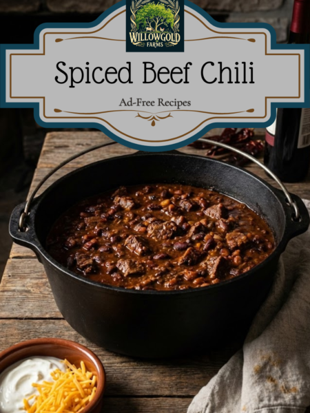 A large Dutch oven filled with dark, rich beef chili. A rustic bowl of chili topped with sour cream and cheddar cheese sits on a dark wooden table next to loose cocoa powder and a glass of red wine.