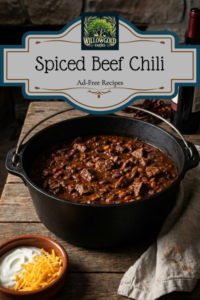 A large Dutch oven filled with dark, rich beef chili. A rustic bowl of chili topped with sour cream and cheddar cheese sits on a dark wooden table next to loose cocoa powder and a glass of red wine.