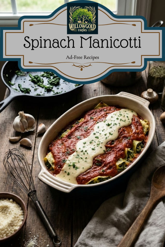 Baked spinach manicotti in a ceramic dish topped with red sauce and white parmesan sauce, arranged on a dark wooden table with a vintage whisk and cast iron skillet.