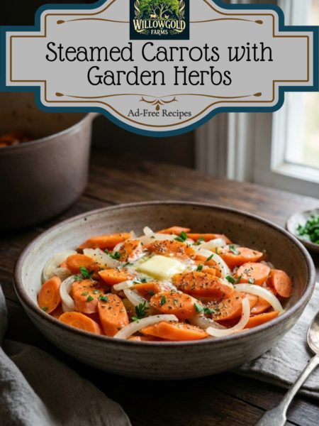 A ceramic serving dish filled with sliced steamed carrots and onions glistening with melted butter and speckled with dried herbs, sitting on a dark wood table near a window.