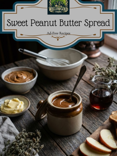A small stoneware jar filled with glossy sweet peanut butter spread, sitting on a dark wooden table next to sliced apples, toast, and a small pitcher of dark corn syrup.