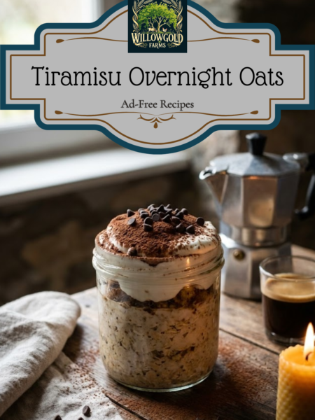 A glass jar filled with layers of espresso-infused oats and chia seeds, topped with a thick dollop of Greek yogurt and a generous dusting of cocoa powder, sitting on a moody dark wooden table near coffee beans.