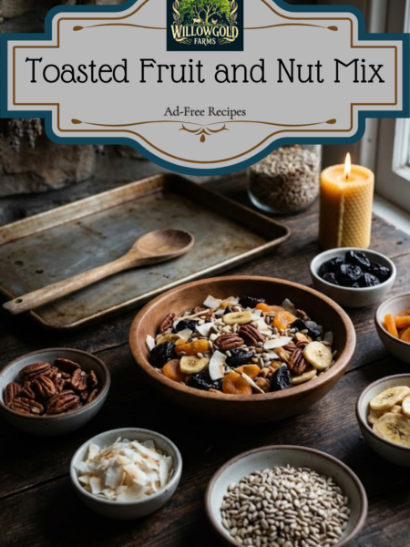 A wooden bowl filled with a mix of toasted pecans, coconut flakes, and dried fruits like apricots and prunes, sitting on a dark rustic table surrounded by small bowls of individual ingredients and a vintage baking sheet.