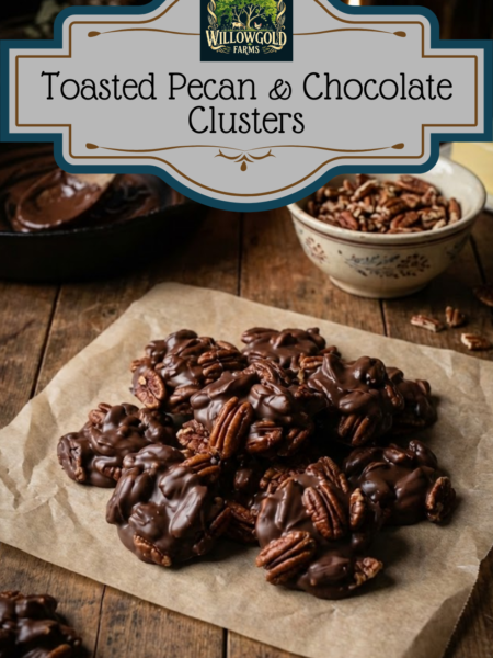 A sheet of wax paper holding several dark chocolate pecan clusters, sitting on a dark wooden table next to a vintage bowl of roasted pecans and a heavy saucepan.