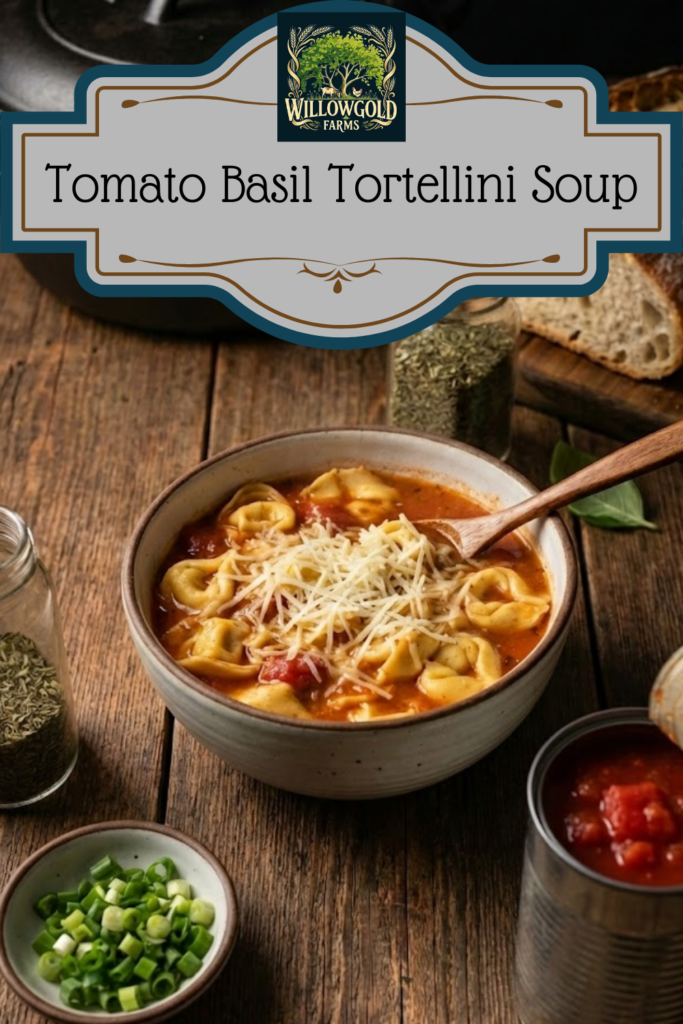 A rustic ceramic bowl filled with cheese tortellini soup and diced tomatoes topped with shredded parmesan, sitting on a dark wood table next to an open unlabeled silver can of tomatoes, a small bowl of chopped green onions, and a loaf of crusty bread.