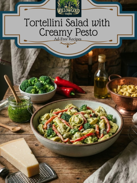 A large stoneware bowl filled with creamy pesto tortellini salad mixed with broccoli and red peppers, sitting on a rustic wooden table next to a block of parmesan cheese, a vintage grater, and a copper colander.