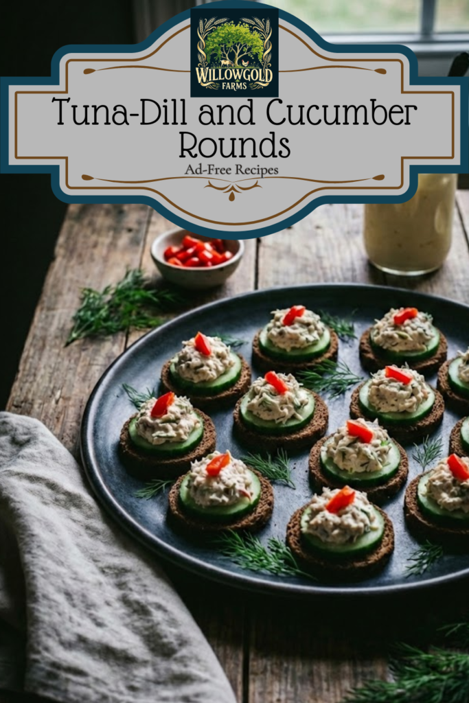 A rustic ceramic platter holding several round pumpernickel bread appetizers, topped with a slice of cucumber, a scoop of creamy tuna-dill salad, and a red pimento garnish, set on a dark wooden table near a window.