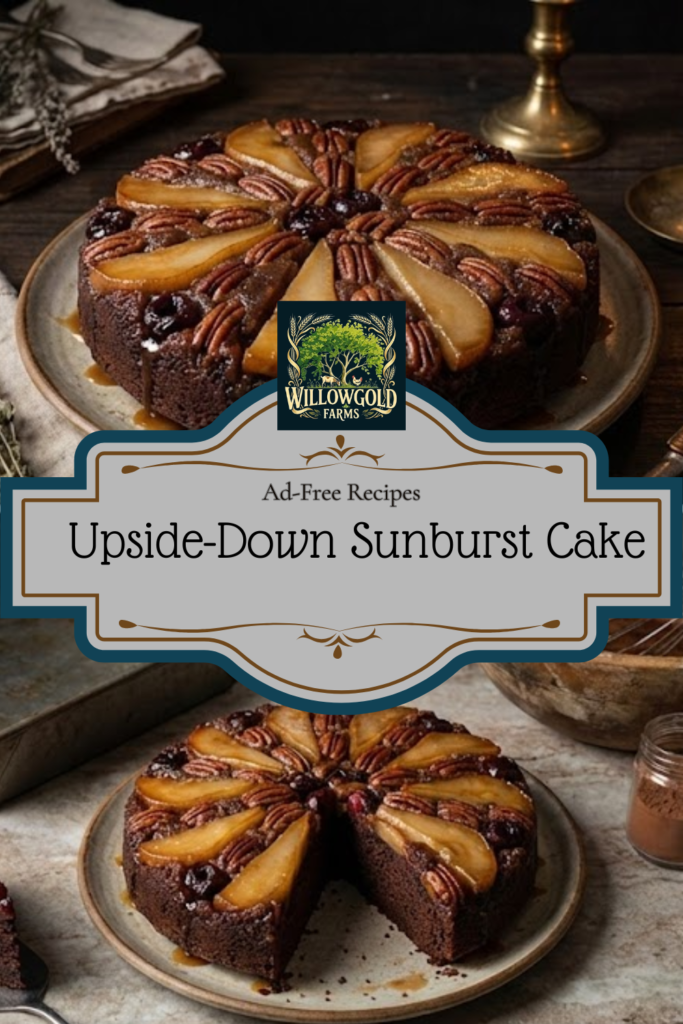 Dark chocolate upside-down cake with a caramelized sunburst design of pear wedges and cherries on a vintage wooden table with baking equipment in a dark cottagecore style.