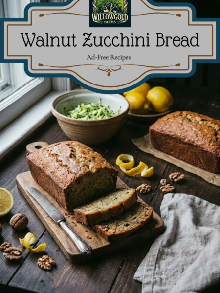 Two golden brown loaves of zucchini bread sitting on a wire rack on a dark wooden table next to fresh lemons, whole walnuts, and antique baking tools.