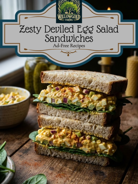 A rustic Spiced Egg Salad Sandwich cut in half on a wooden board, revealing creamy chunks of egg and fresh spinach layers. Whole eggs and fresh dill pickles sit in the background on a dark tabletop.