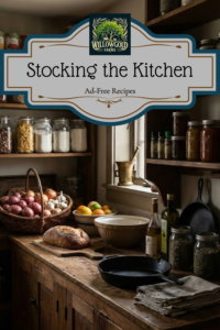 Dark cottagecore pantry shelves stocked with glass Mason jars filled with dried beans, pasta, and spices, illuminated by moody natural window light. A rustic wooden counter displays a woven basket of red potatoes and onions, a loaf of crusty bread, a stoneware bowl, olive oil, and a cast iron skillet.
