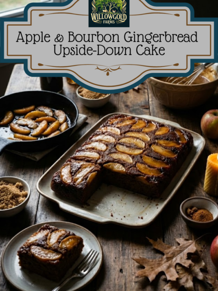 A rectangular apple and bourbon gingerbread upside down cake on a light ceramic platter, with one square slice cut and served on a small plate with a fork. The cake sits on a dark wooden table surrounded by a cast iron skillet of cooked apples, a bowl of batter with a whisk, brown sugar, two glass bottles with no labels, fresh apples, a lit beeswax candle, and scattered dry autumn leaves.