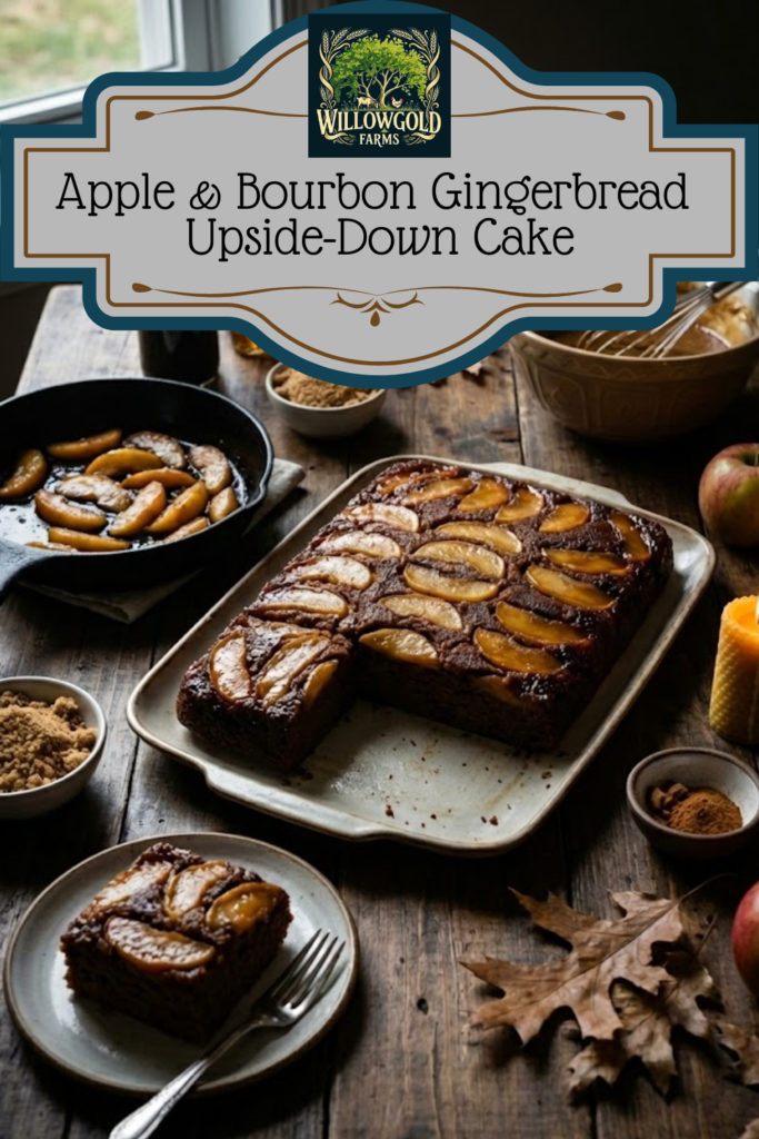 A rectangular apple and bourbon gingerbread upside down cake on a light ceramic platter, with one square slice cut and served on a small plate with a fork. The cake sits on a dark wooden table surrounded by a cast iron skillet of cooked apples, a bowl of batter with a whisk, brown sugar, two glass bottles with no labels, fresh apples, a lit beeswax candle, and scattered dry autumn leaves.