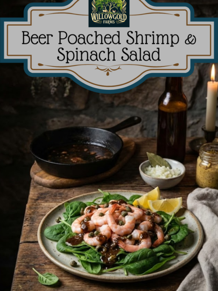 A ceramic plate filled with pink poached shrimp atop fresh spinach leaves, drizzled with a dark beer reduction and capers, sitting on a rustic wooden table next to a brown beer bottle, a small bowl of minced onions, a lit candle, and a cast iron skillet in the background.