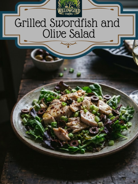 A rustic plate of grilled swordfish and olive salad on a dark wooden table, featuring flaked swordfish, sliced black olives, green onions, and red pepper flakes over mixed greens, with a grill pan and white wine in the background.