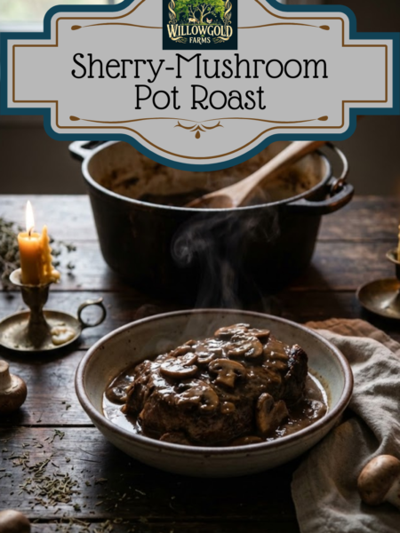 A fork-tender Sherry-Mushroom Pot Roast served in a cast iron Dutch oven, covered in a rich, dark gravy generously topped with sliced mushrooms.