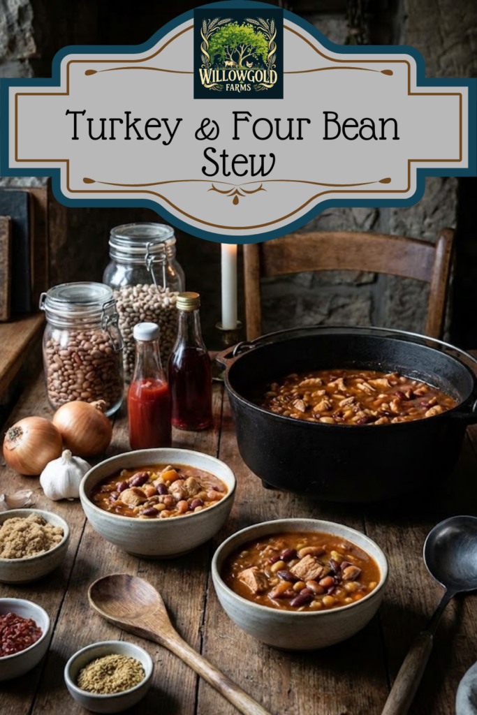 Two ceramic bowls filled with hearty turkey and four-bean stew sitting on a rustic wooden table next to a black cast iron dutch oven, glass jars of dried beans, fresh onions, brown sugar, and a lit candle in a dimly lit kitchen.